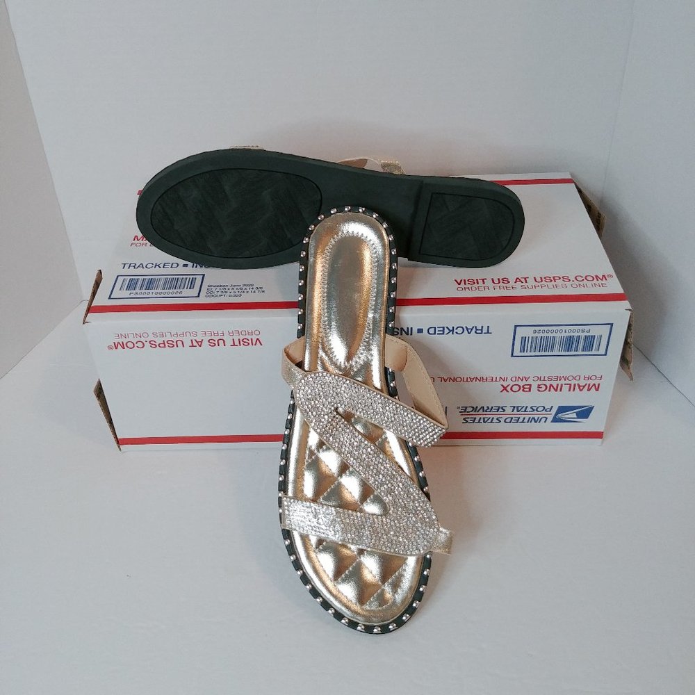 Sparkly Pale Gold Z-strap Slip-on Flat Sandals…
